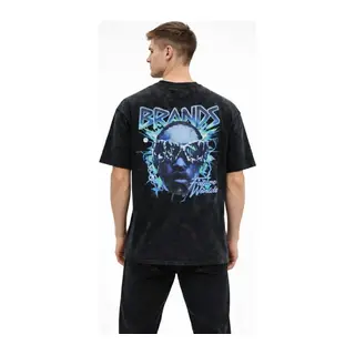Erkek Asit Yıkamalı Oversize Tişört Future Worlds Baskılı Bisiklet Yaka Kısa Kollu Streetwear %100 Pamuk Street Style T-Shirt - Siyah
