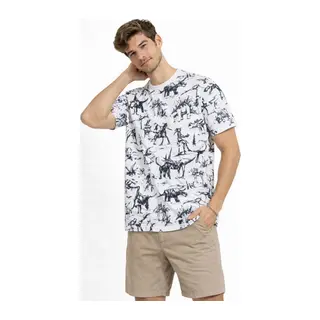 Erkek Beyaz Dinozor Desenli Tişört – Regular Fit, Bisiklet Yaka, Dijital Baskılı Pamuklu T-Shirt - Beyaz