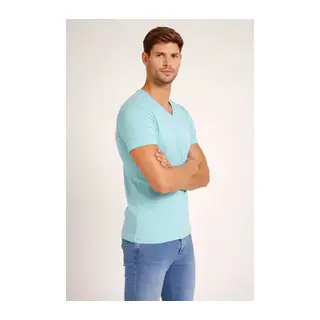Erkek T-Shirt V Yaka Slim Fit Dar Kesim Likralı Tişört Günlük Basic Body - Turkuvaz