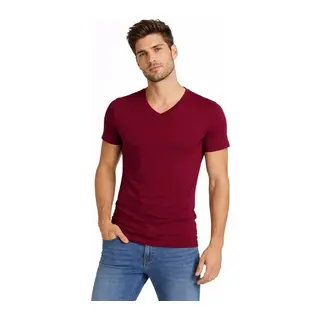 Erkek T-Shirt V Yaka Slim Fit Dar Kesim Likralı Tişört Günlük Basic Body - Bordo