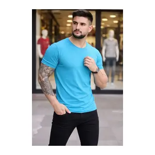 Erkek T-Shirt Bisiklet Yaka Slim Fit Dar Kesim Likralı Tişört Günlük Basic Body - Açık Mavi
