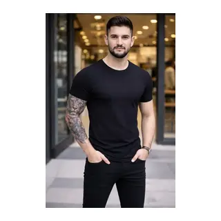 Erkek T-Shirt Bisiklet Yaka Slim Fit Dar Kesim Likralı Tişört Günlük Basic Body - Siyah