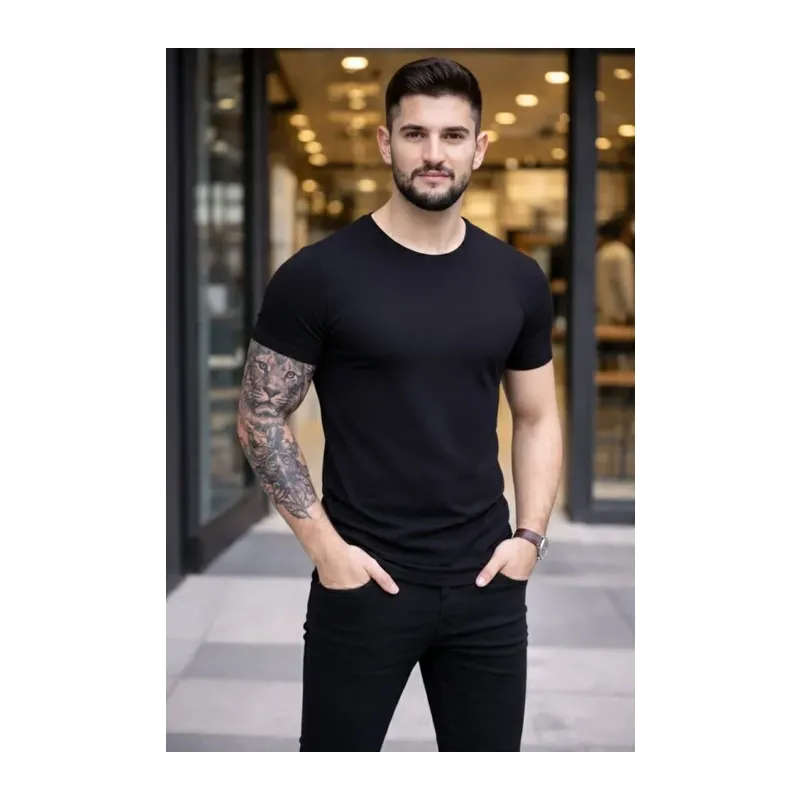 Erkek T-Shirt Bisiklet Yaka Slim Fit Dar Kesim Likralı Tişört Günlük Basic Body - Siyah