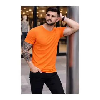 Erkek T-Shirt Bisiklet Yaka Slim Fit Dar Kesim Likralı Tişört Günlük Basic Body - Turuncu