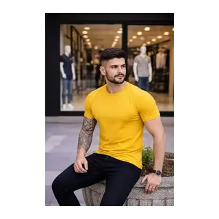 Erkek T-Shirt Bisiklet Yaka Slim Fit Dar Kesim Likralı Tişört Günlük Basic Body - Sarı