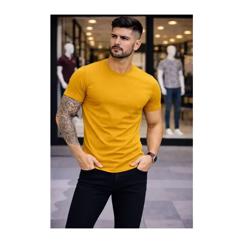 Erkek T-Shirt Bisiklet Yaka Slim Fit Dar Kesim Likralı Tişört Günlük Basic Body - Limon