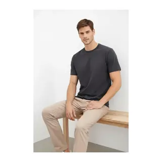 Erkek Bisiklet Yaka Tişört Regular Kalıp Basic Pamuklu Günlük Kullanım T-shirt - Füme