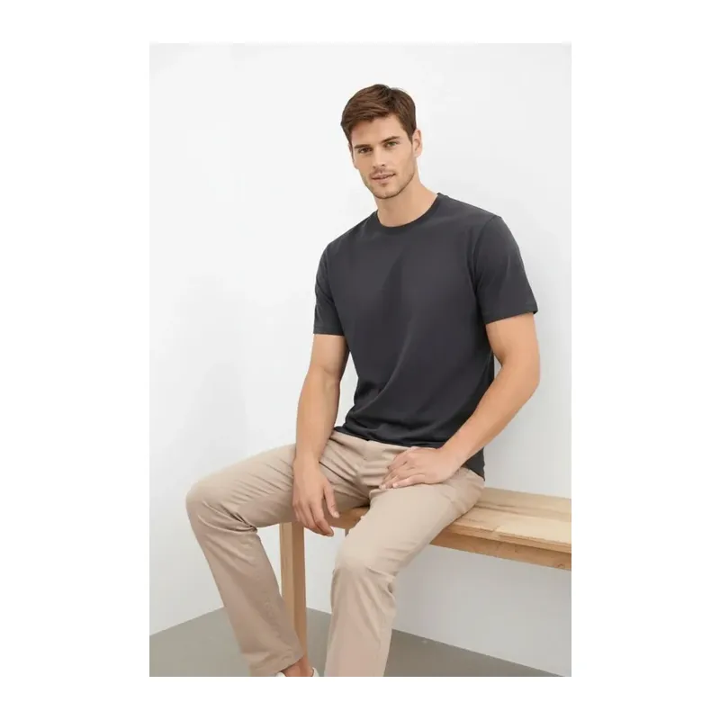 Erkek Bisiklet Yaka Tişört Regular Kalıp Basic Pamuklu Günlük Kullanım T-shirt - Füme