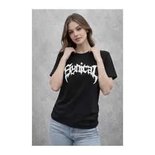 Bisiklet Yaka Ön Baskılı Kısa Kollu Tişört Streetwear Günlük Basic Pamuklu T-shirt - Siyah