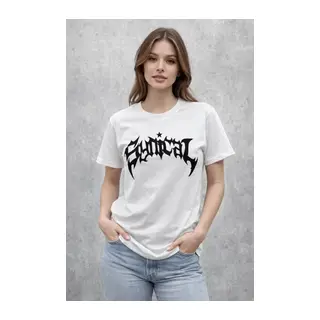 Bisiklet Yaka Ön Baskılı Kısa Kollu Tişört Streetwear Günlük Basic Pamuklu T-shirt - Beyaz