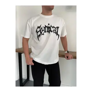 Erkek Bisiklet Yaka Ön Baskılı Kısa Kollu Tişört Streetwear Günlük Basic Pamuklu T-shirt - Beyaz