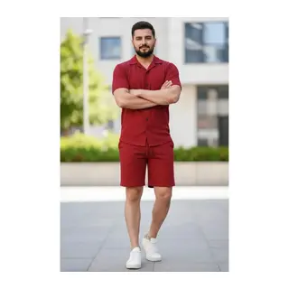 Erkek Waffle Kumaş Kısa Kollu Gömlek Şort Takım Regular Fit Yazlık İkili Set - Bordo