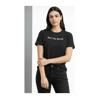 Wafıl Kumaş Tişört Regular Kalıp Bisiklet Yaka Baskılı Günlük Basic T-Shirt - Siyah