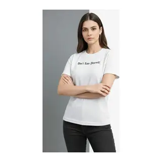 Wafıl Kumaş Tişört Regular Kalıp Bisiklet Yaka Baskılı Günlük Basic T-Shirt - Beyaz