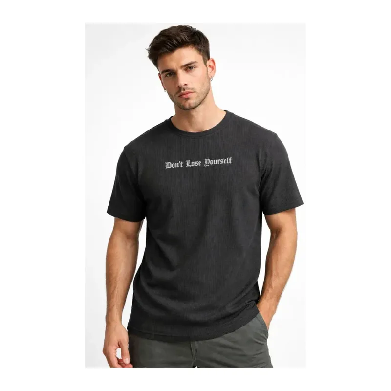Erkek Wafıl Kumaş Tişört Regular Kalıp Bisiklet Yaka Baskılı Günlük Basic T-Shirt - Siyah