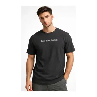 Erkek Wafıl Kumaş Tişört Regular Kalıp Bisiklet Yaka Baskılı Günlük Basic T-Shirt - Siyah