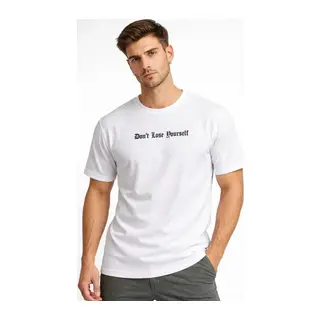 Erkek Wafıl Kumaş Tişört Regular Kalıp Bisiklet Yaka Baskılı Günlük Basic T-Shirt - Beyaz