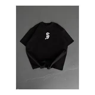 Baskılı Oversize Bisiklet Yaka T-shirt - Siyah