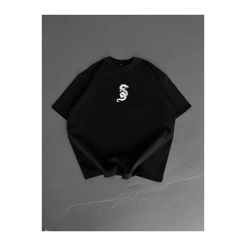 Baskılı Oversize Bisiklet Yaka T-shirt - Siyah