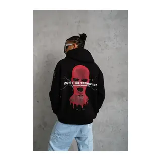 Erkek Oversize Üç İplik Kapüşonlu Sweatshirt – Siyah “Don’t Be Terrified” Ön, Sırt Ve Kol Baskılı, Kanguru Cepli, Ribanalı Rahat Model- Siyah