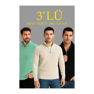Erkek Fitilli Triko Kazak 3’lü Set – Mint Yeşili, Siyah, Bej Kalın Dokuma Pamuklu Regular Fit V Yaka Fermuarlı Uzun Kollu Rahat Kışlık Kazak Kombini