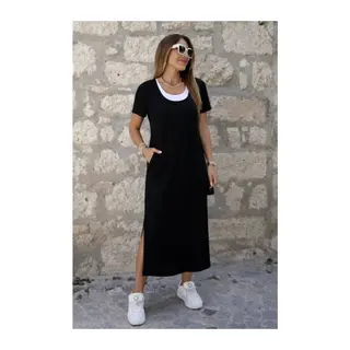 Kadın Kısa Kollu Içi Atlet Görünümlü Yandan Yırtmaçlı Uzun Viskon Elbise