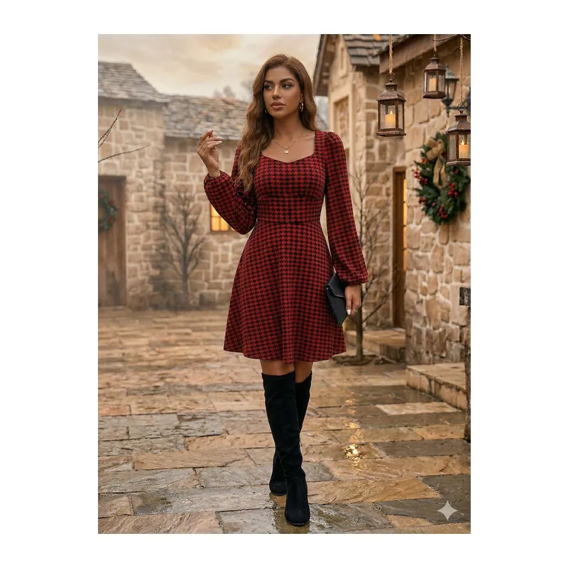 Kadın Uzun Kollu Kare Kalp Yakalı Mini Modal Elbise