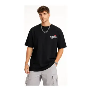 Erkek Bisiklet Yaka Baskılı Kısa Kollu Tişört Streetwear Günlük Basic Pamuklu T-shirt - Siyah