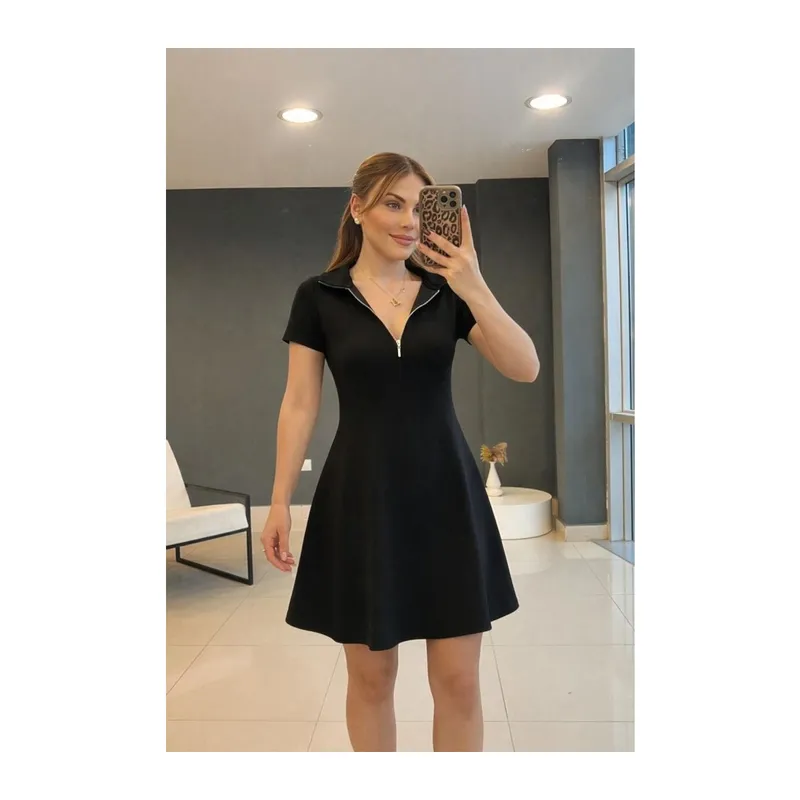Kadın Kısa Kollu Yakası Fermuarlı Kısa Viskon Iki Iplik Elbise