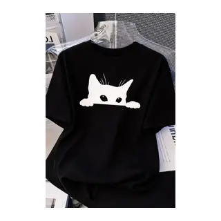 Kadınlar Için Siyah Kedi Grafik Tişört - Oversize Kısa Kollu Üst Nefes Alabilir - Siyah