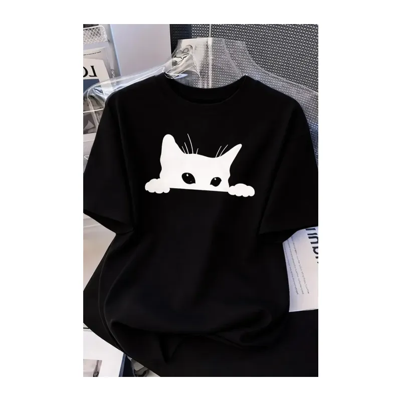 Kadınlar Için Siyah Kedi Grafik Tişört - Oversize Kısa Kollu Üst Nefes Alabilir - Siyah