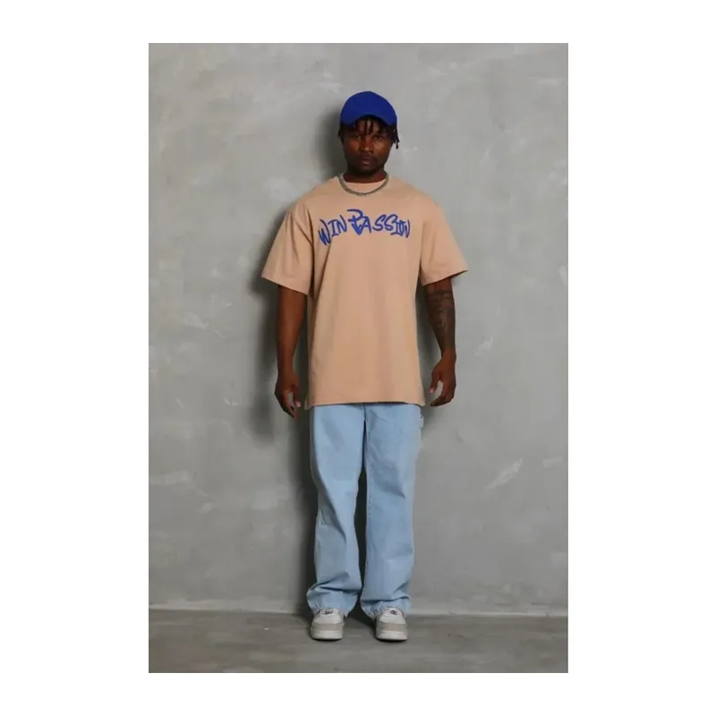 Erkek Baskılı T-Shirt Kısa Kol Bisiklet Yaka Regular Fit Rahat Kalıp Günlük Tişört - Bej