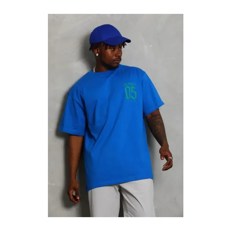 Erkek Baskılı T-Shirt Kısa Kol Bisiklet Yaka Regular Fit Rahat Kalıp Günlük Tişört - Saks Mavisi