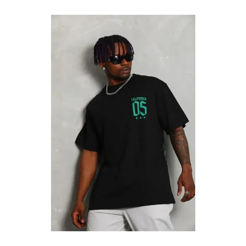 Erkek Baskılı T-Shirt Kısa Kol Bisiklet Yaka Regular Fit Rahat Kalıp Günlük Tişört - Siyah