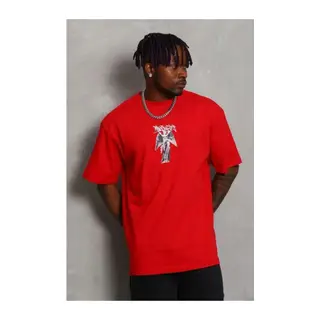Erkek Baskılı T-Shirt Kısa Kol Bisiklet Yaka Regular Fit Rahat Kalıp Günlük Tişört - Kırmızı