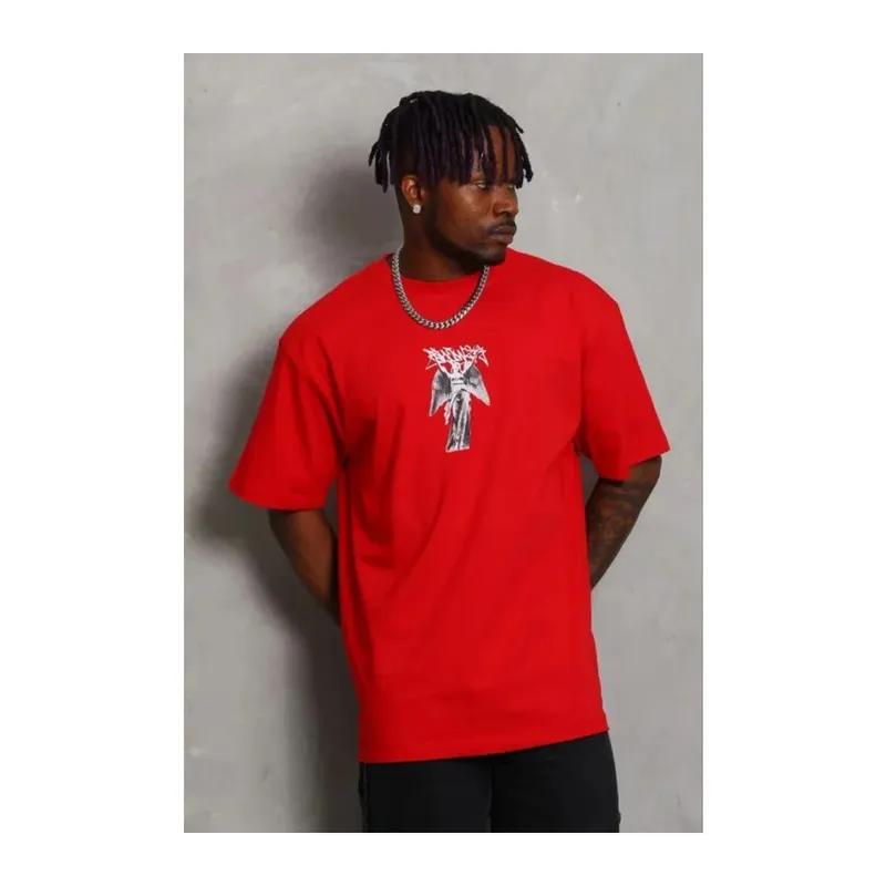 Erkek Baskılı T-Shirt Kısa Kol Bisiklet Yaka Regular Fit Rahat Kalıp Günlük Tişört - Kırmızı