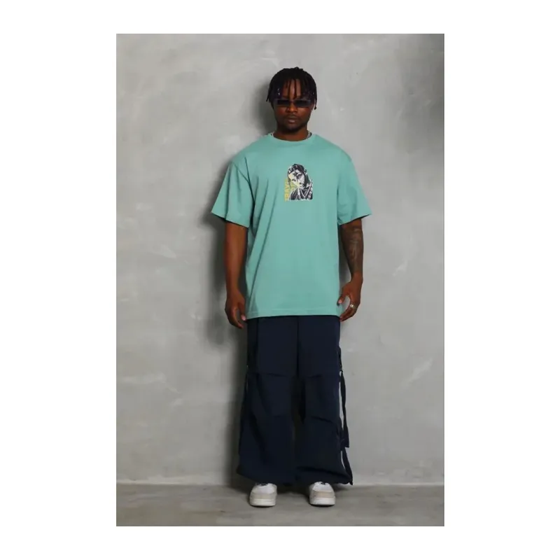 Erkek Baskılı T-Shirt Kısa Kol Bisiklet Yaka Regular Fit Rahat Kalıp Günlük Tişört - Mint Yeşili