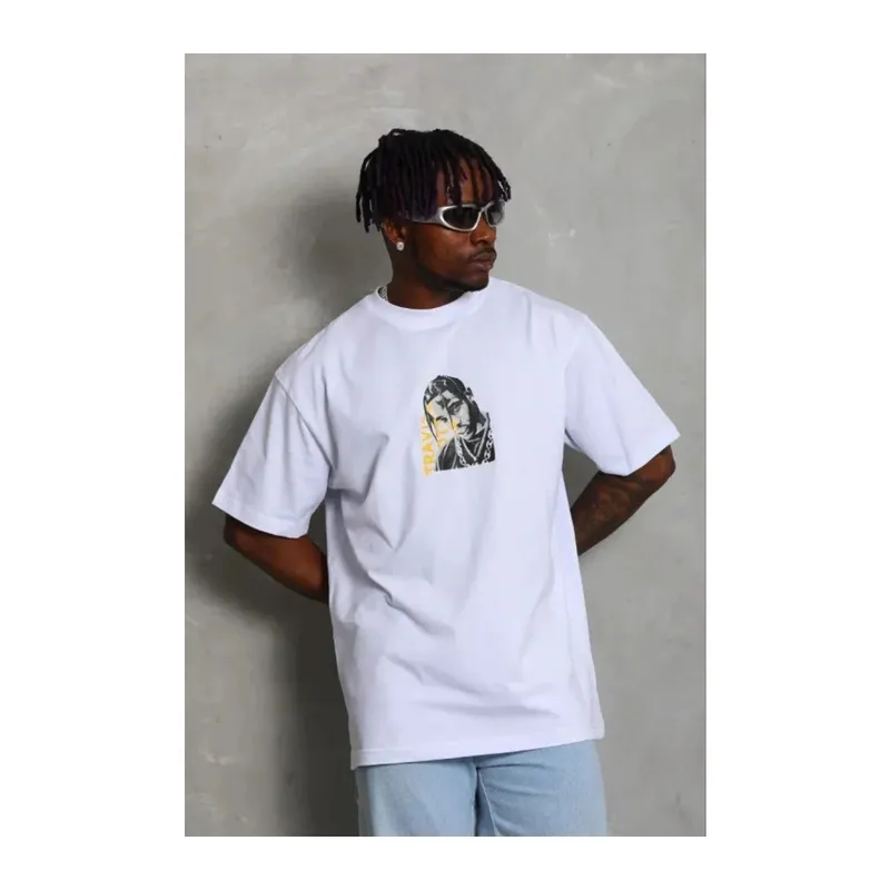 Erkek Baskılı T-Shirt Kısa Kol Bisiklet Yaka Regular Fit Rahat Kalıp Günlük Tişört - Beyaz