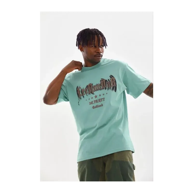 Erkek Baskılı T-Shirt Kısa Kol Bisiklet Yaka Regular Fit Rahat Kalıp Günlük Tişört - Mint Yeşili