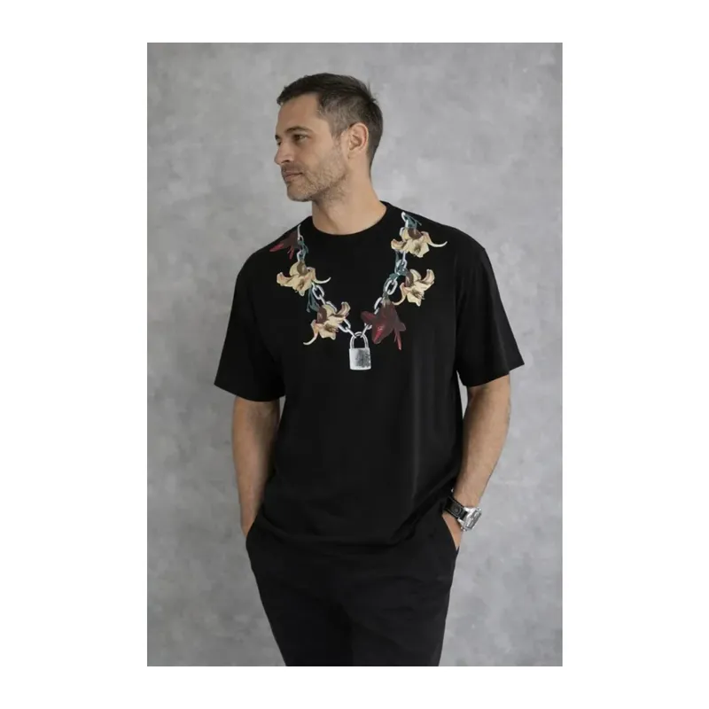 Erkek Baskılı T-Shirt Kısa Kol Bisiklet Yaka Regular Fit Rahat Kalıp Günlük Tişört - Siyah