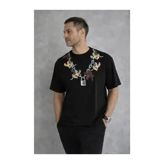 Erkek Baskılı T-Shirt Kısa Kol Bisiklet Yaka Regular Fit Rahat Kalıp Günlük Tişört - Siyah