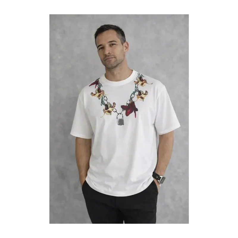 Erkek Baskılı T-Shirt Kısa Kol Bisiklet Yaka Regular Fit Rahat Kalıp Günlük Tişört - Beyaz