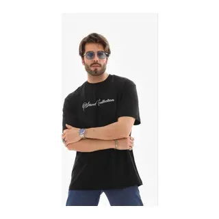 Erkek Baskılı T-Shirt Kısa Kol Bisiklet Yaka Regular Fit Rahat Kalıp Günlük Tişört - Siyah