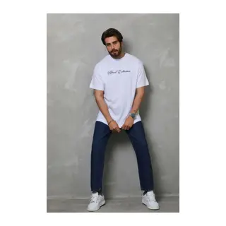 Erkek Baskılı T-Shirt Kısa Kol Bisiklet Yaka Regular Fit Rahat Kalıp Günlük Tişört - Beyaz
