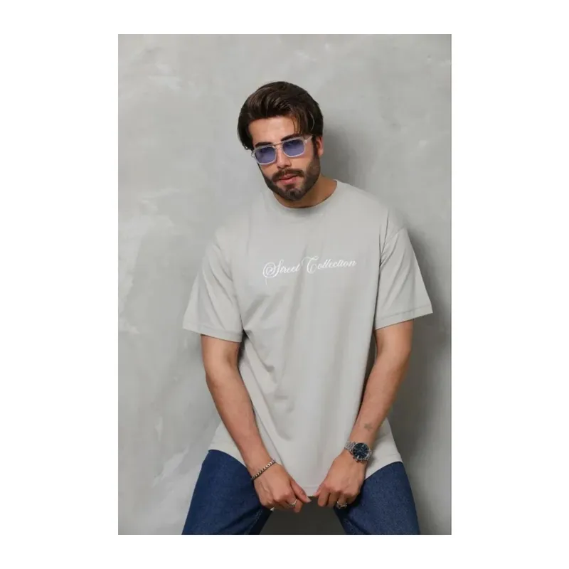 Erkek Baskılı T-Shirt Kısa Kol Bisiklet Yaka Regular Fit Rahat Kalıp Günlük Tişört - Gri