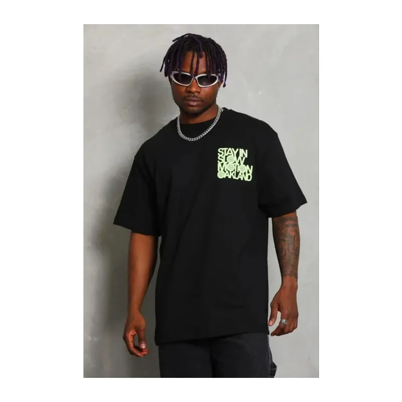 Erkek Baskılı T-Shirt Kısa Kol Bisiklet Yaka Regular Fit Rahat Kalıp Günlük Tişört - Siyah
