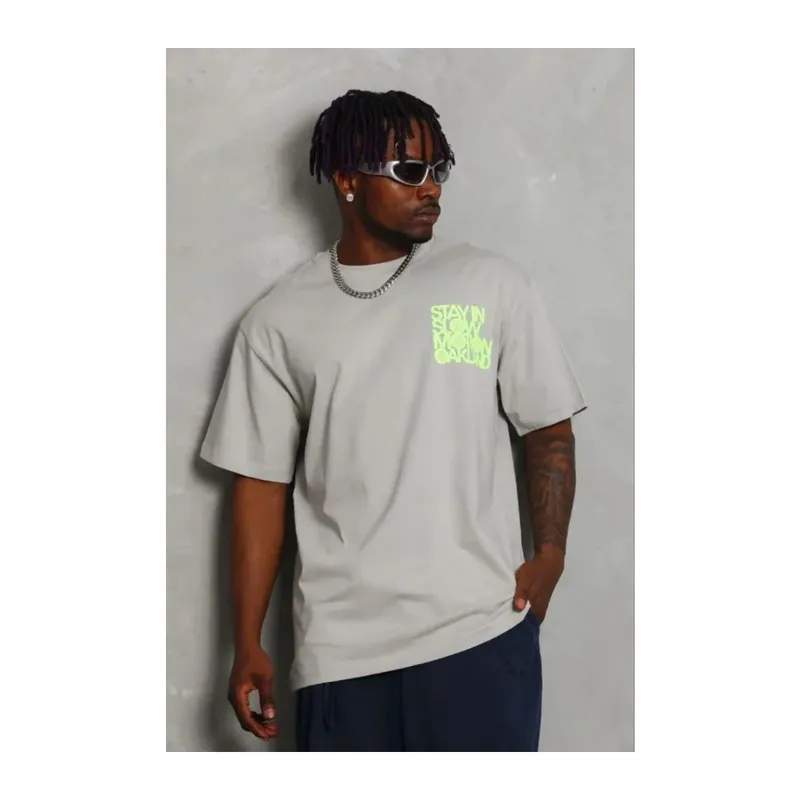 Erkek Baskılı T-Shirt Kısa Kol Bisiklet Yaka Regular Fit Rahat Kalıp Günlük Tişört - Gri