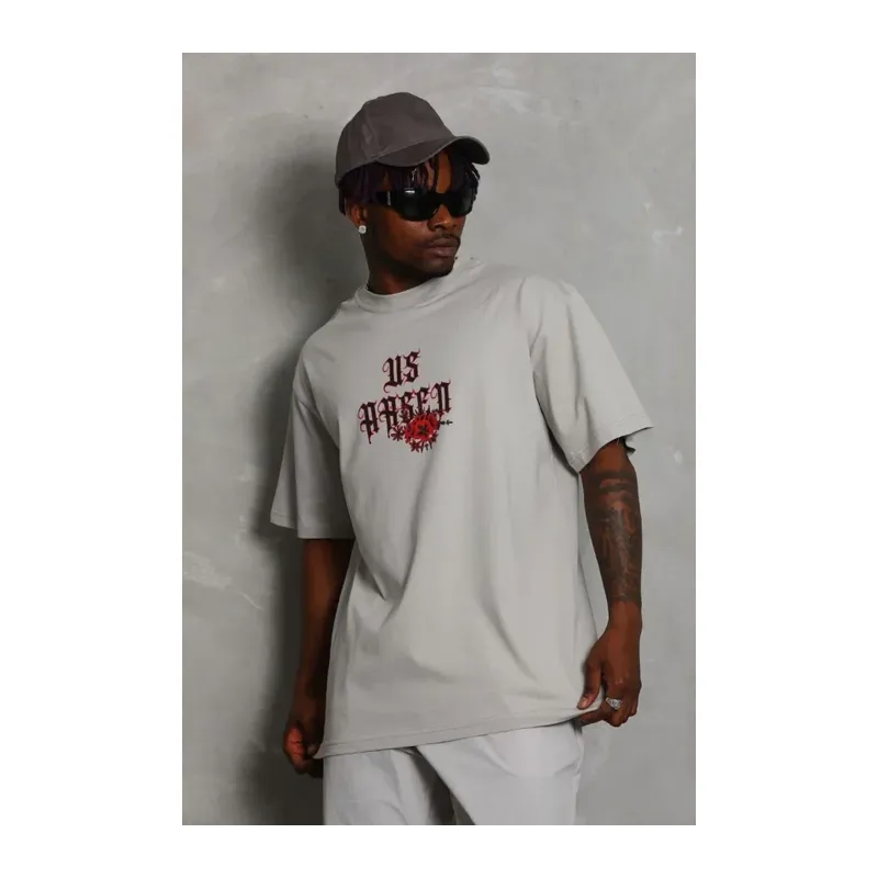 ERKEK Oversize Baskılı Bisiklet Yaka T-Shirt - Gri