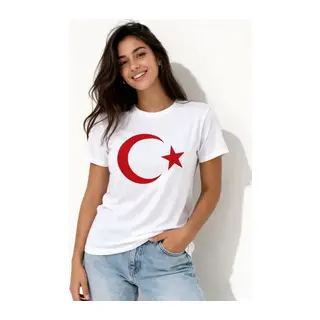 T-Shirt Kısa Kol Bisiklet Yaka Ay Yıldız Bayrak Baskılı Tişört - Beyaz