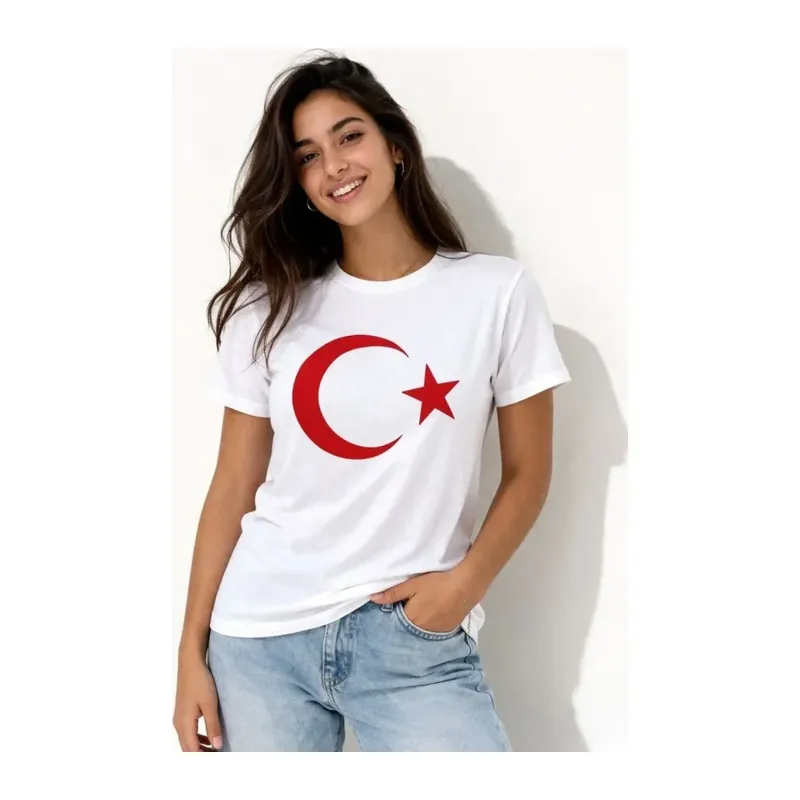 T-Shirt Kısa Kol Bisiklet Yaka Ay Yıldız Bayrak Baskılı Tişört - Beyaz